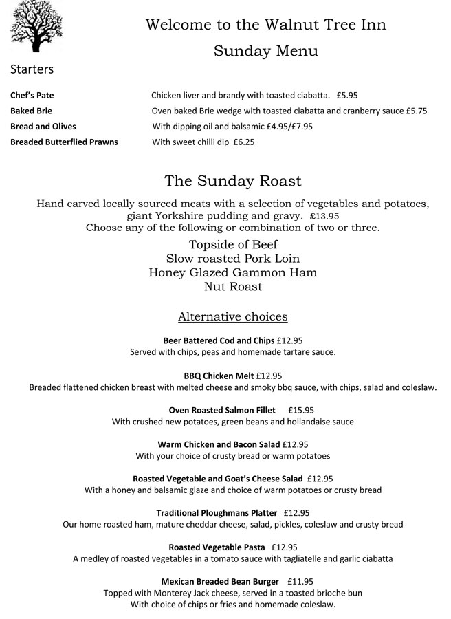 Menu The Walnut Tree Inn Mere